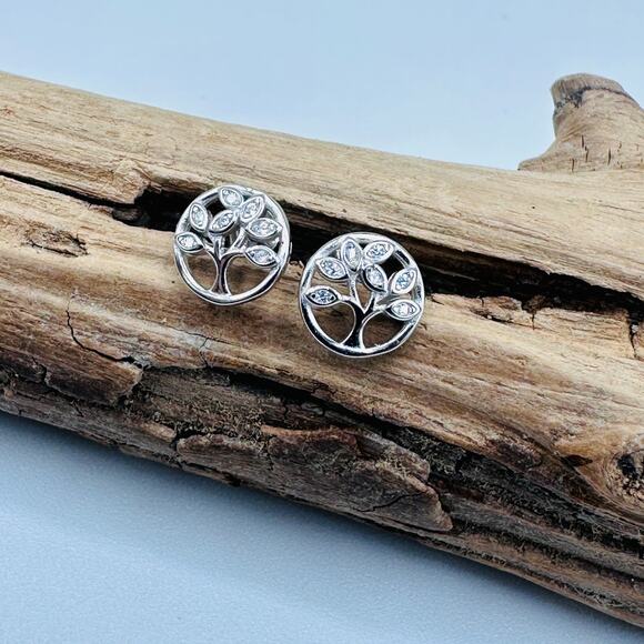 Tree Of Life Sterling Silver CZ Stud Earrings - Picture 1 of 5
